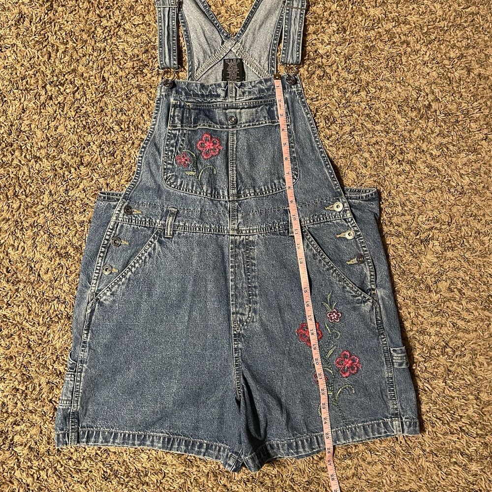 VTG Route 66 Denim Carpenter Short Overalls L Bibs Embroidered Floral Y2K 90s - Picture 9 of 12
